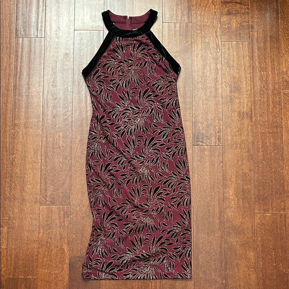 Bisou Bisou Burgundy Midi Dress, Black Velvet & Metallic Gold Dots, Size 6